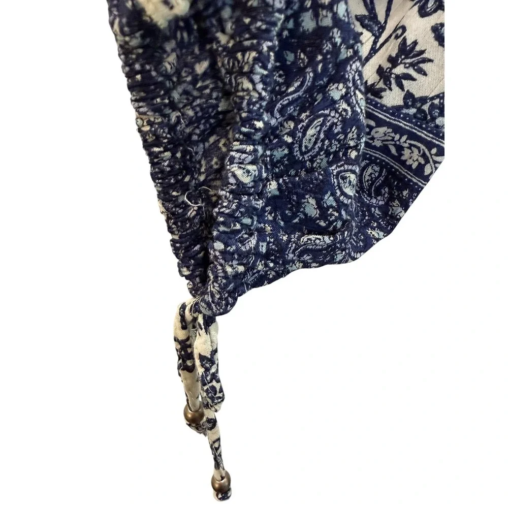 Angie Blue Floral Paisley Boho Peasant Crochet Lace Trim Tiered Mini Dress Small